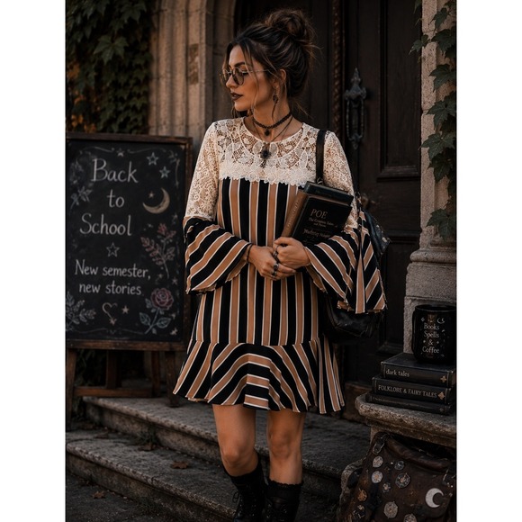 Umgee Dresses & Skirts - Umgee Boho Lace Yoke Striped Bell Sleeve Ruffle Mini Dress L5090 Large Black Tan
